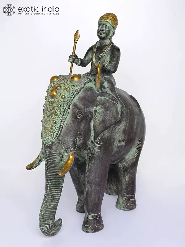 16" Elephant with Mahout | Brass Statue | Table Decor