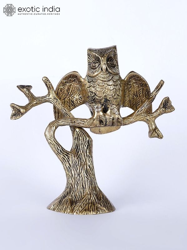 7" Owl Seated on Tree Branch | Decorative Brass Statue