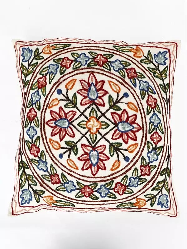 Ivory Canvas Cushion Cover from Kashmirwith Chain-Stitched Flowers
