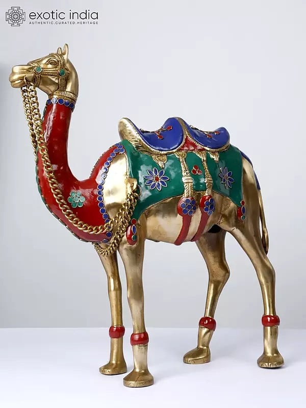 17" Decorative Colorful Camel Statue in Brass with Inlay Work