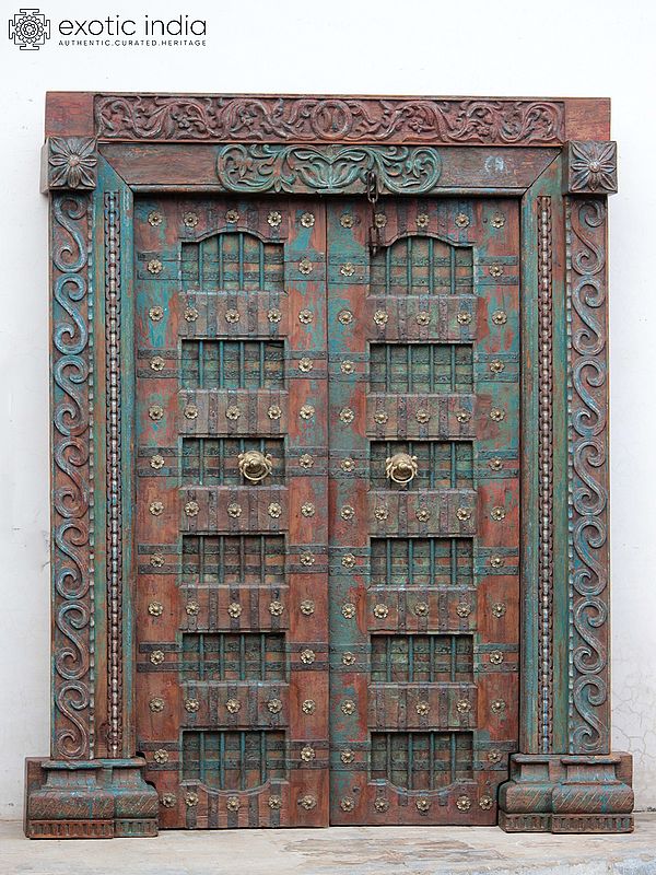 84" Large Traditional Designer Wood Door With Frame And Iron Knock | Wood Door