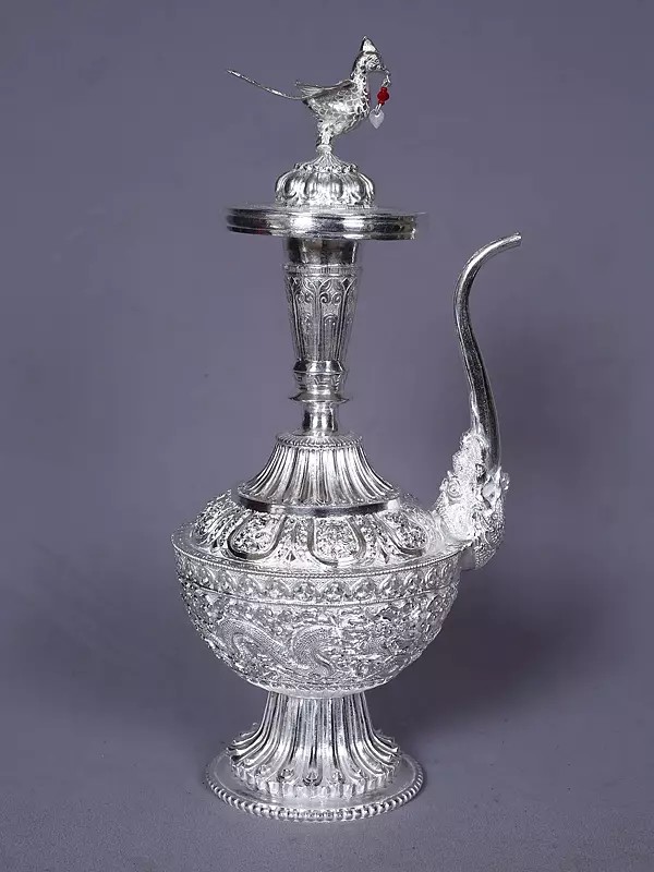 Silver Pooja Surahi With Ashtamangala Engravings From Nepal | Decorative Item