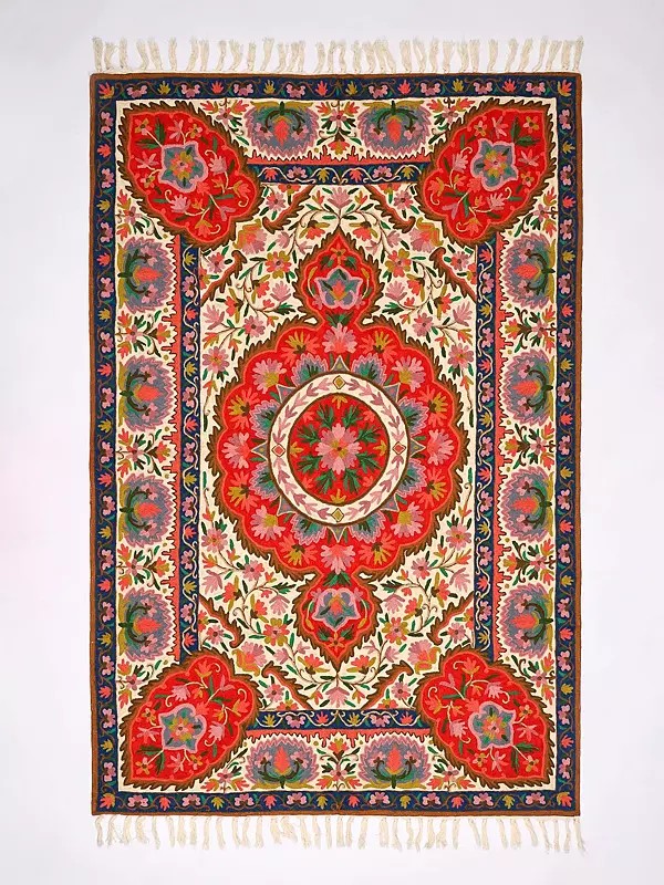 Multicolor Kashmiri Carpet with Chain Stitched Aari Embroidered Flowers