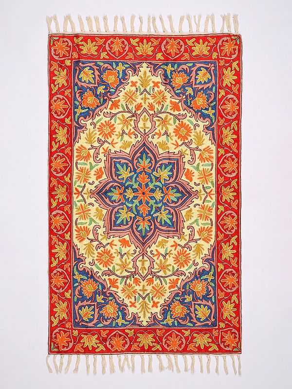 Tri-Color Floral Chain Stitched Aari Embroidered Carpet with Tassels from Kashmir