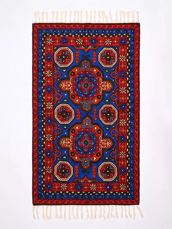 Blue and Red Persian Motifs Kashmiri Carpet with Chain Stitched Thread Embroidery