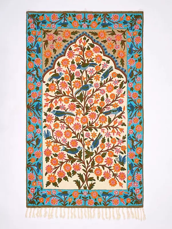 Blue and Yellow Wall-Hanging cum Carpet from Kashmir with Multicolor Thread Embroidered Sparrows and Flowers