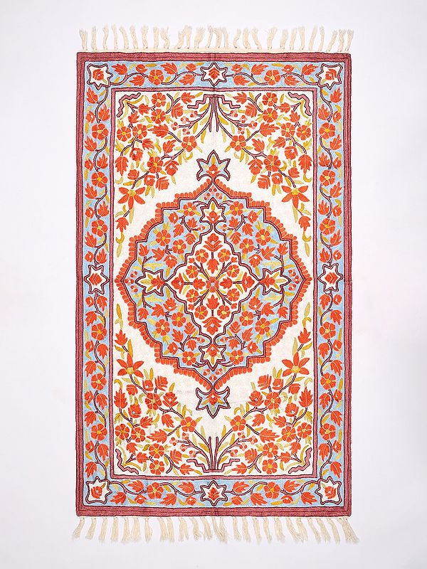 Cream and Blue Kashmiri Carpet with Floral Intricate Chain Stitched Aari Embroidery on All-Over