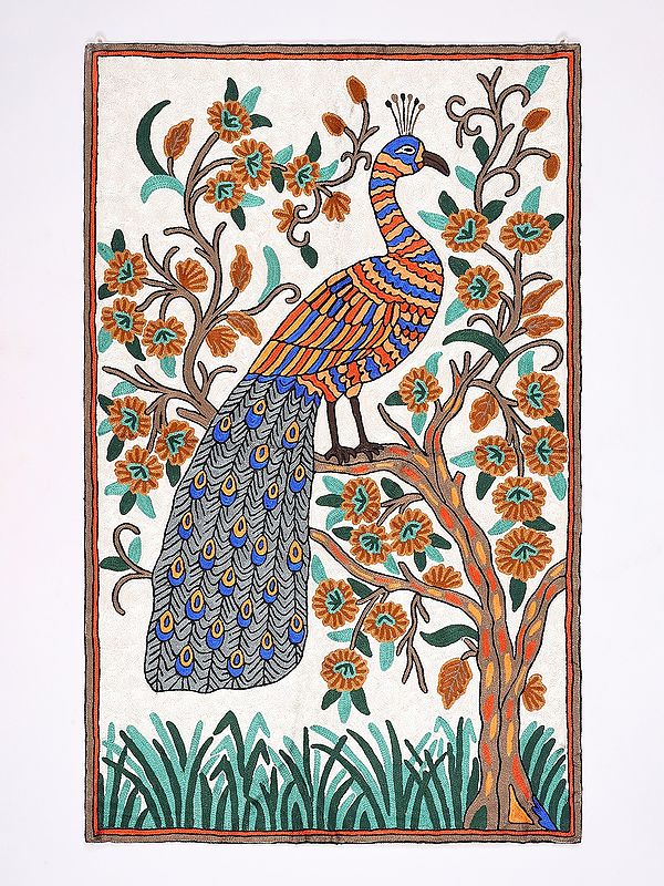 Lucent-White Peacock Wall-Hanging cum Kashmiri Carpet with Multicolor Silk Aari Embroidery