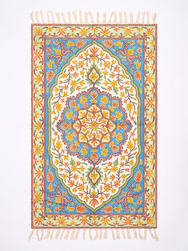 Multicolor Kashmiri Carpet with All-Over Intricate Aari Embroidered Flowers