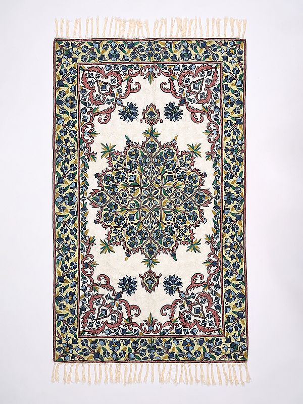 Green and White Carpet with Silk Thread Embroidered Flowers from Kashmir