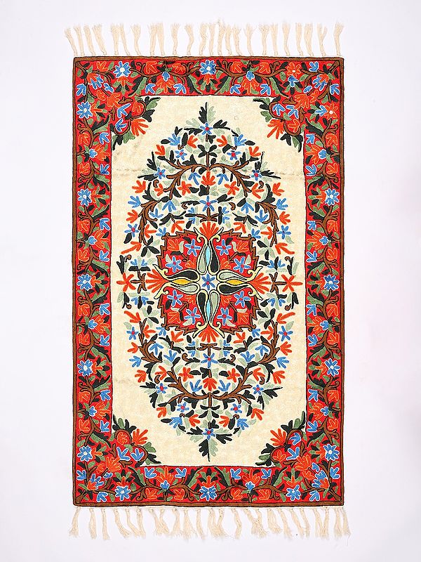Light-Yellow Floral Embroidered Carpet with Contrast Red Border from Kashmir