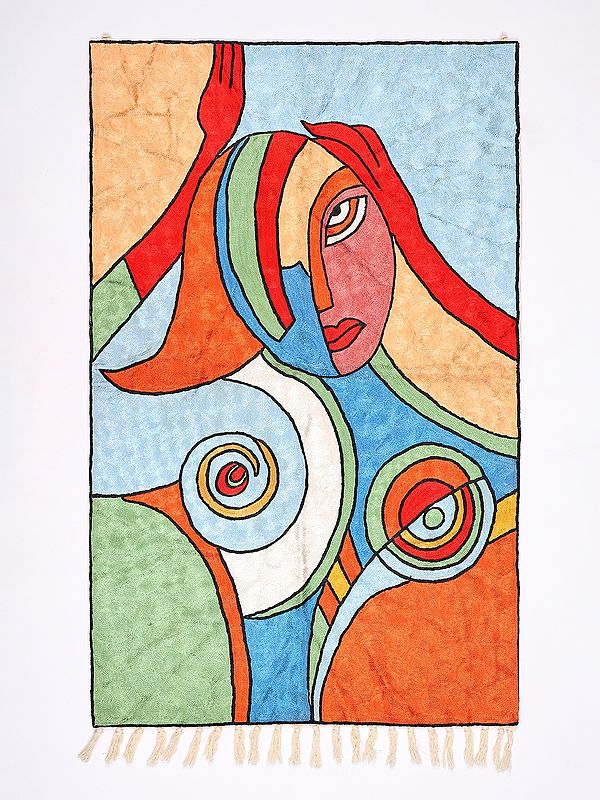 Tri-Color Modern Art Wall-Hanging cum Carpet from Kashmir with Chain stitch Embroidery