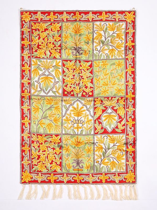 Tri-Color Floral Embroidered Wall-Hanging cum Carpet from Kashmir