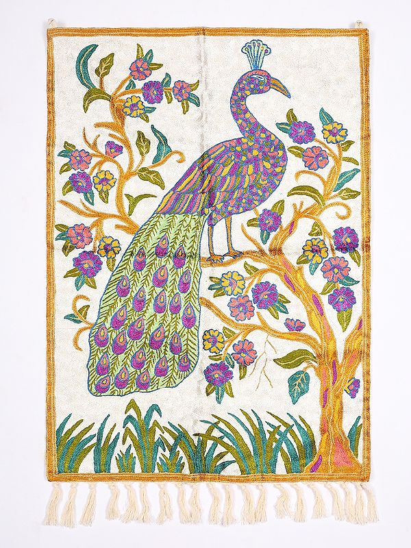 Star-White Wall Hanging cum Carpet from Kashmir with Aari Embroidered Peacock on Tree Branches