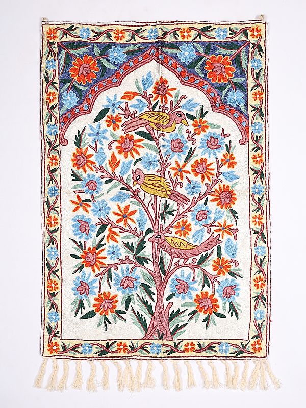 Lucent-White Kashmiri Wall Hanging cum Carpet with Embroidered Tree of Life with Perched Birds