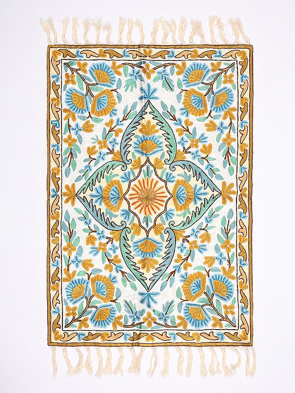 Snow-White Kashmiri Carpet with Chain Stitch Embroidered Multicolor Flowers