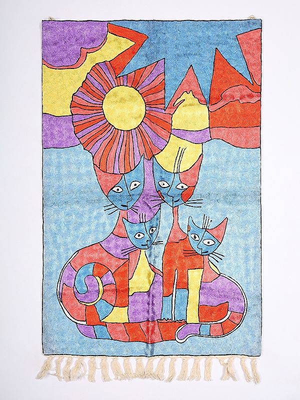 Multicolor Modern Art Wall-Hanging cum Carpet with Silk Thread Embroidered Cats Family