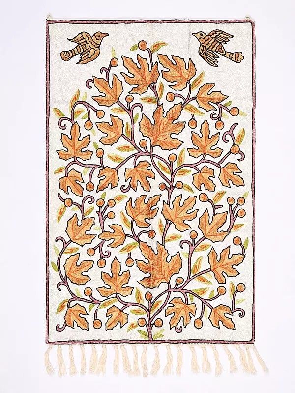 Wall-Hanging cum Carpet from Kashmir with Silk Thread Embroidered Maple Leaves and Flying Birds