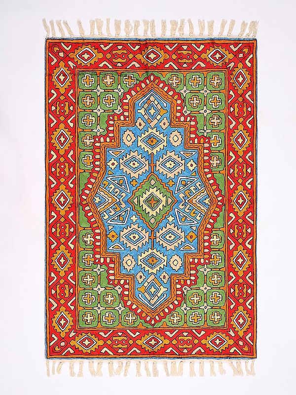 Carpet from Kashmir with Chain Stitched Embroidered Persian Patterns