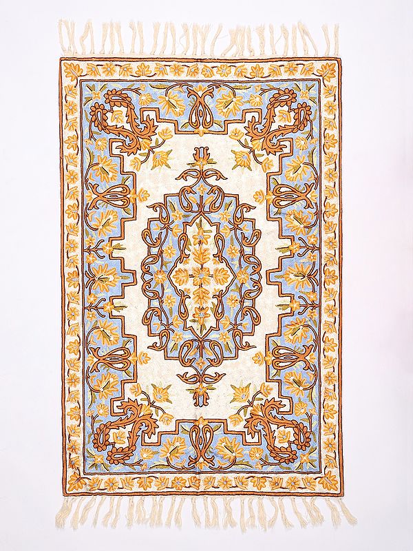 Blue and Yellow Kashmir Carpet from Chain Stitched Embroidered Paisleys and Flowers with Tassels