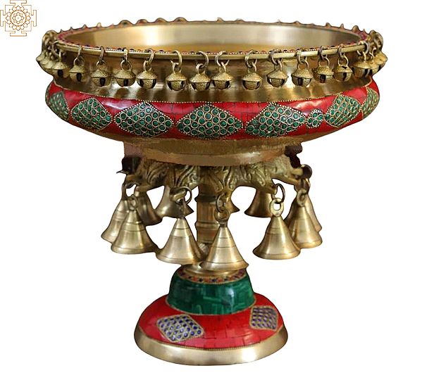 6" Urli With Bell | Brass Urli | Temple Decor | House and Office Diwali Decor | Urli Bowl | Inlay Work |
