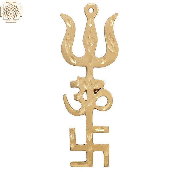 3" Tri Shakti Pooja Yantra | Swastik Om Trishul Symbol | Vastu | Brass Tri Shakti | Handmade | Made In India