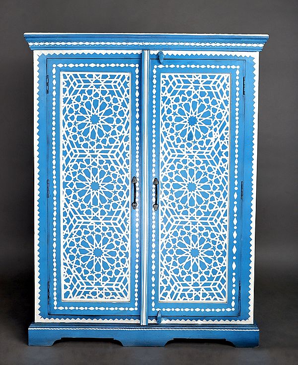47" Traditional Lattice with Star Design Wooden Cabinet | Handmade Art | Made in India