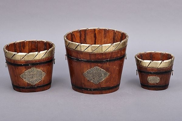 10" Set Of Three Bucket Design Wooden Planters | Wooden Planters | Handmade | Made In India