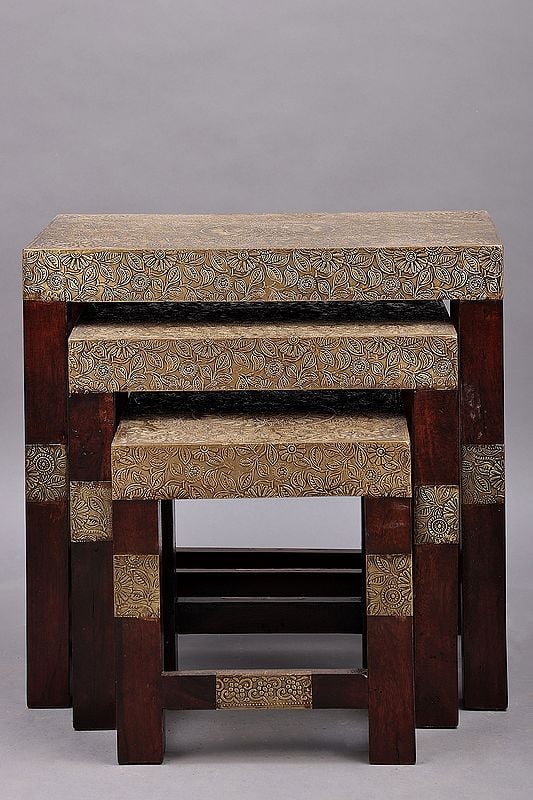 17" Set of 3 Wood Stool with Brass Work | Wooden Sitting Table | Handmade | Made In India
