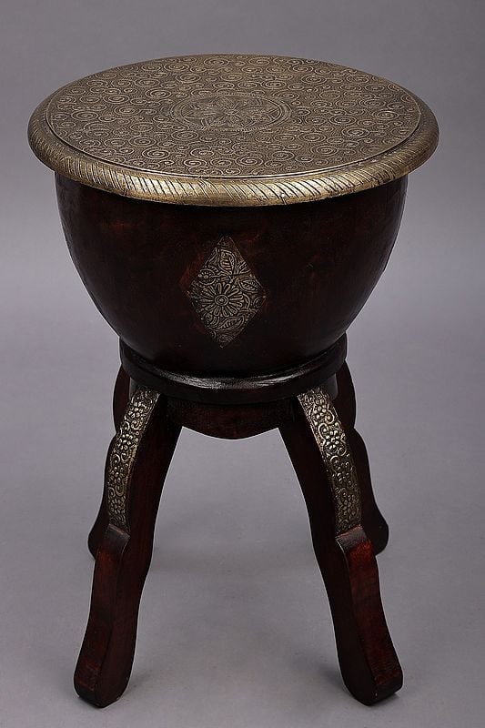 17" Wood Stool with Brass Carved Sheet Work | Wooden Sitting Table | Handmade | Made In India