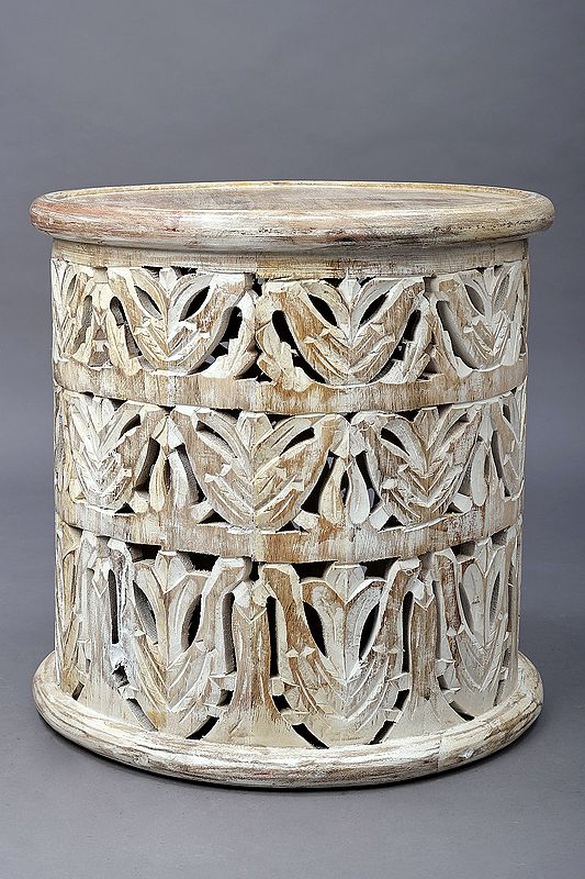 17" Large Wooden Lattice Chowki | Handmade Mango Wood Pedestal | Made in India