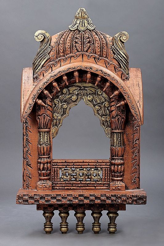 27" Hand Painted Temple Design Wood Jharokha (Window) | Handmade Art | Made In India