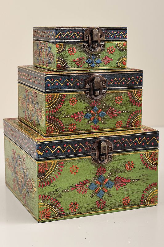 5" Set of 3 Hand Painted Lattice Decorated Boxes | Handmade Mango Wood Boxes | Made in India