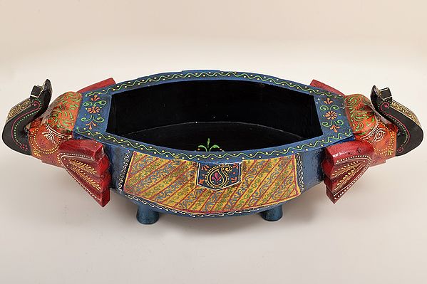20" Hand Painted Elephant Decorated Boat | Handmade Mango Wood Boat | Made in India