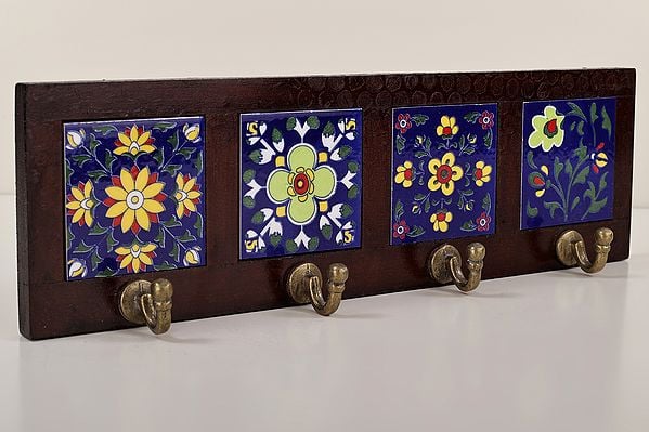 15" Decorative Wood Key Holder | Wooden Key Holder | 4 Hooks | Handmade Art | Made In India