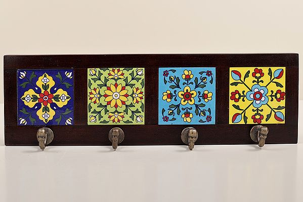 15" Decorative 4 Hooks Wooden Key Holder | Handmade Art | Made in India