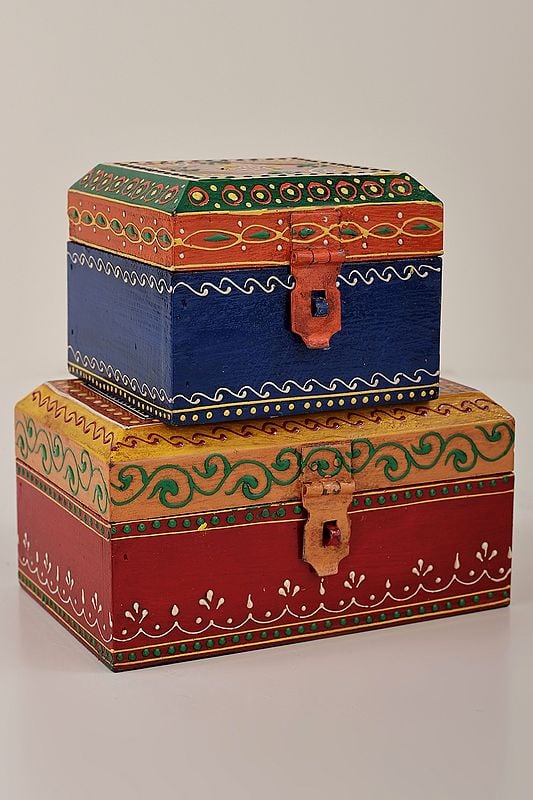 6" Set Of 2 Hand Painted Lattice Decorated Boxes | Mango Wood | Handmade | Made In India