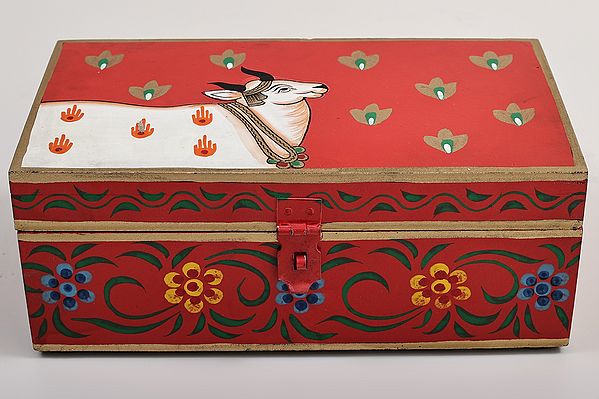 9" Hand Painted Cow on Wooden Box | Handmade Mango Wood Boxes | Made in India
