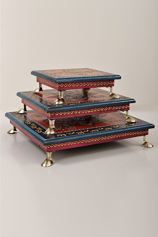 Set of 3 Wood Chowki with Brass Carved Sheet Work | Handmade Wood Pedestal | Made in India