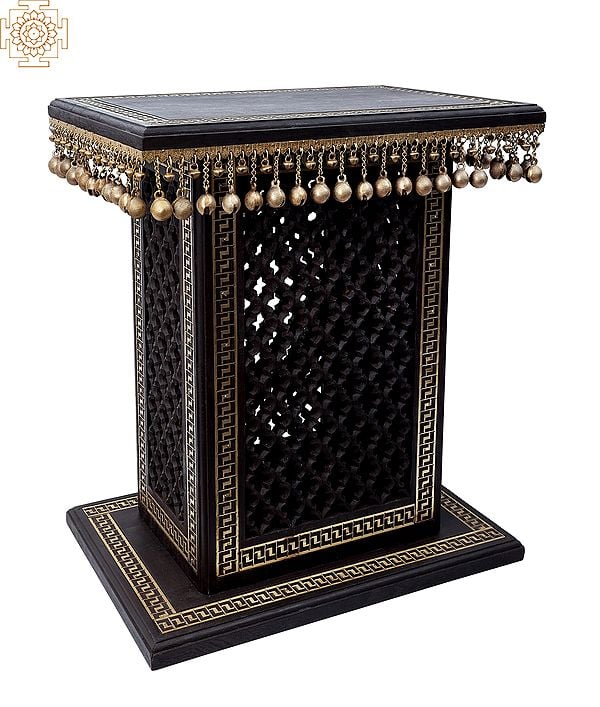 26" High Wooden Pedestal with Lattice, Brass Work and Ghungroos  | Wooden Pedestal | Handmade | Made In India