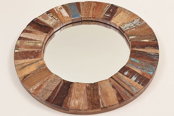 15" Round Reclaimed Wood Mirror | Handmade | Made In India