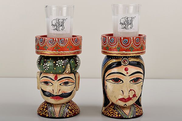 4" Wooden Rajsthani Men Women Face Candle Stand with Candle | Decorative Wooden Candle Stand | Handmade Art | Made In India