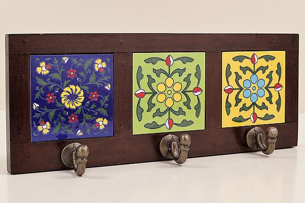 4" Decorative Wood Key Holder | Wooden Key Holder | 3 Hooks, Brown | Handmade Art | Made In India