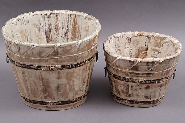 Set Of 2 Bucket Design Wooden Planters | Wooden Planters | Handmade | Made In India
