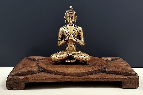 Buddha Seated on Wooden Lotus Chowki (Pedestal ) | Brass Buddha with Wooden Pedestal | Handmade | Made In India
