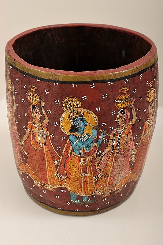 8" Hand Painted Krishna Rasa Leela Vase  | Wooden Storage Box | Rice Bucket  | Handmade Art | Made In India