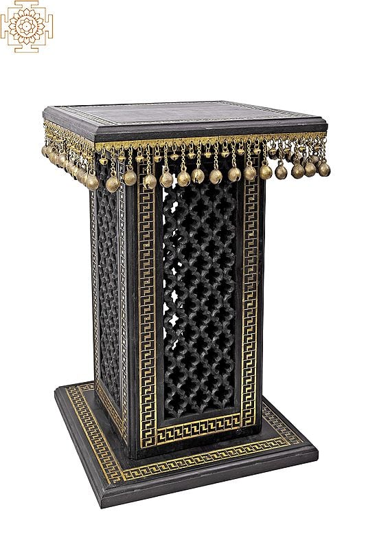 30" High Wooden Pedestal with Lattice, Brass Work and Ghungroos | Teakwood with Brass Inlay| Handmade | Made In India