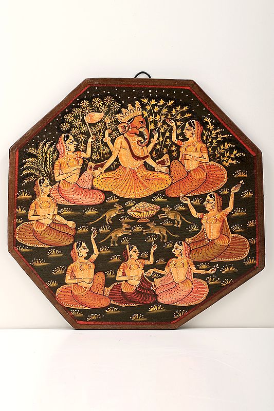 9" Ganesha Handpainted Painting on Octangel Shape Wooden Base | Ganesha Painting | Handmade | Made In India
