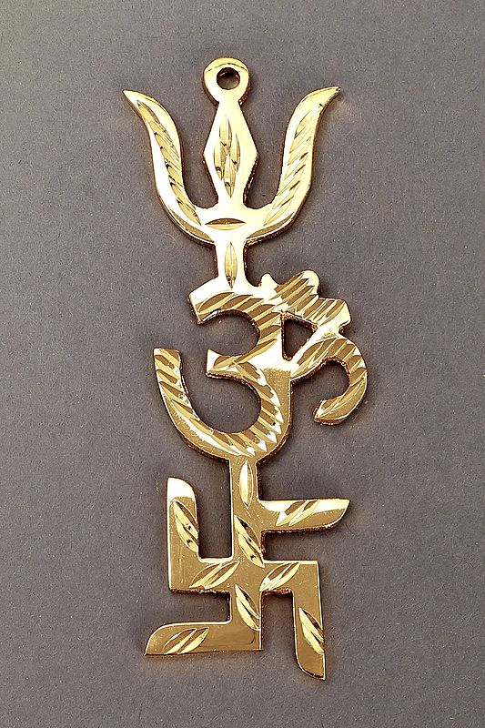 4" Tri Shakti Pooja Yantra | Swastik Om Trishul Symbol | Vastu | Brass Tri Shakti | Handmade | Made In India