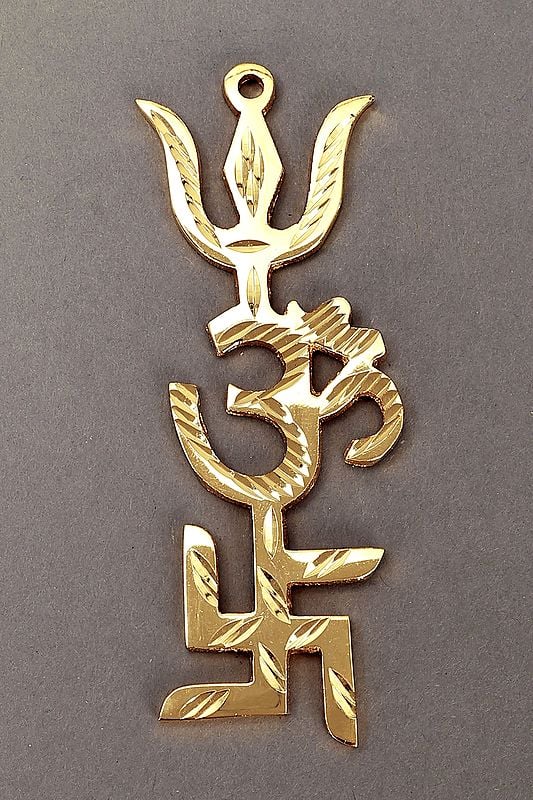 5" Tri Shakti Pooja Yantra | Swastik Om Trishul Symbol | Vastu | Brass Tri Shakti | Handmade | Made In India